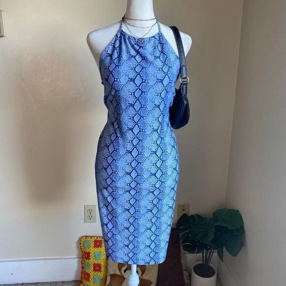 Vintage blue snakeskin print midi halter dress - Picture 7 of 8